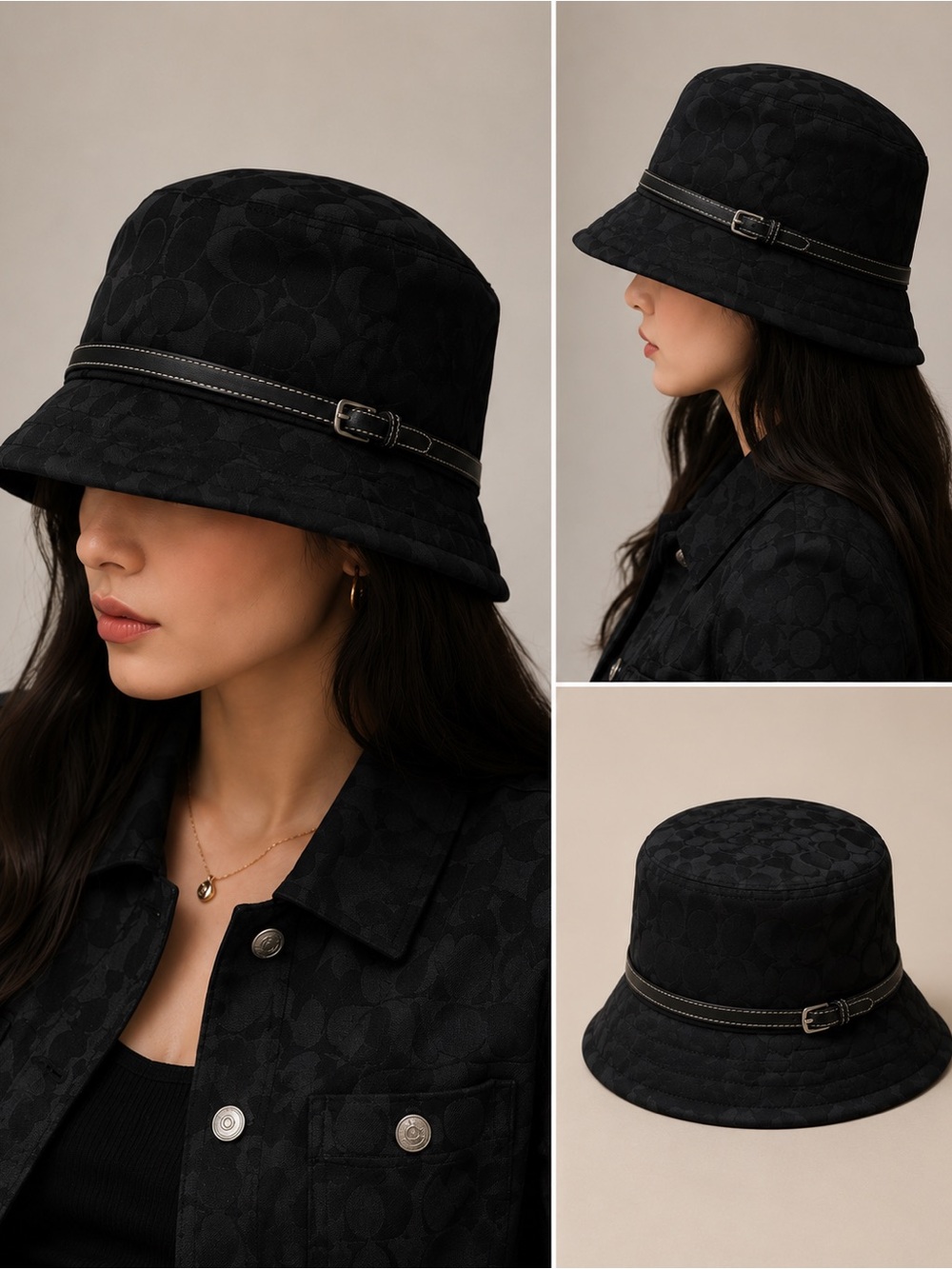 Vintage Coach Signature Jacquard Bucket Hat Black Leather Trim Small Y2K